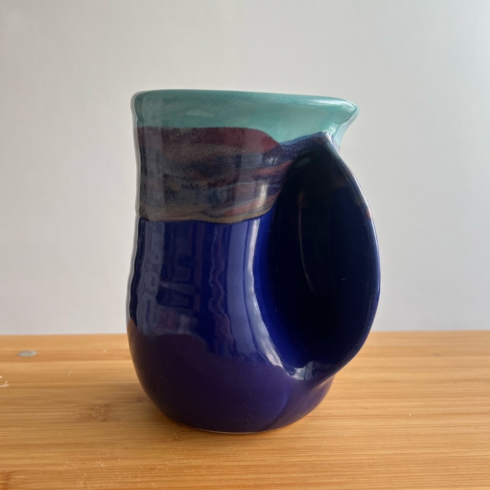 Neher signed Hand Warming Drip Glaze Pottery Mug Blue Coffee Cup 2018
